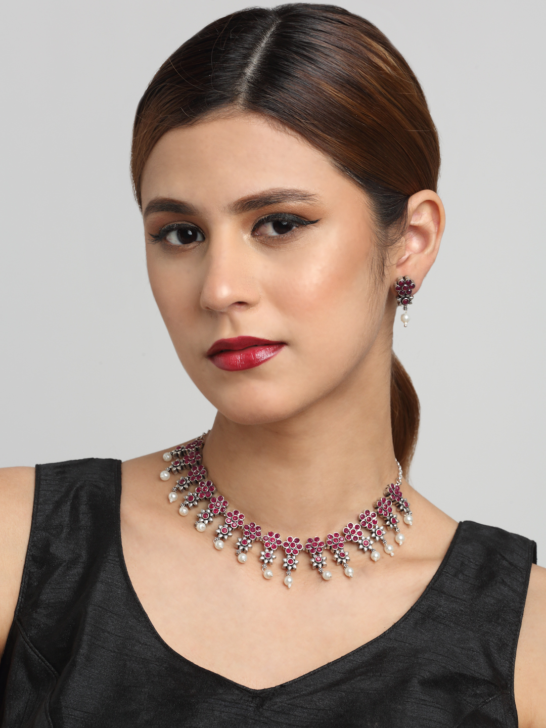 YouBella Jewellery Oxidised Silver Necklace Jewellery Set with Earrings for Girls and Women (Red) (YBNK_50522)
